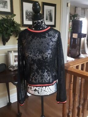 Zara Black Sheer Knit Sweater with Orange Trim